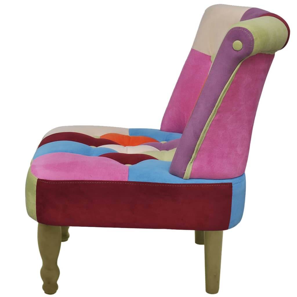 French chair featuring colorful patchwork design, perfect for adding brightness to any interior decor.