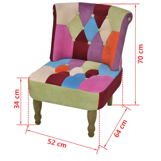 Colorful French chair with patchwork design, comfortable foam, wood frame, perfect for any interior decor.