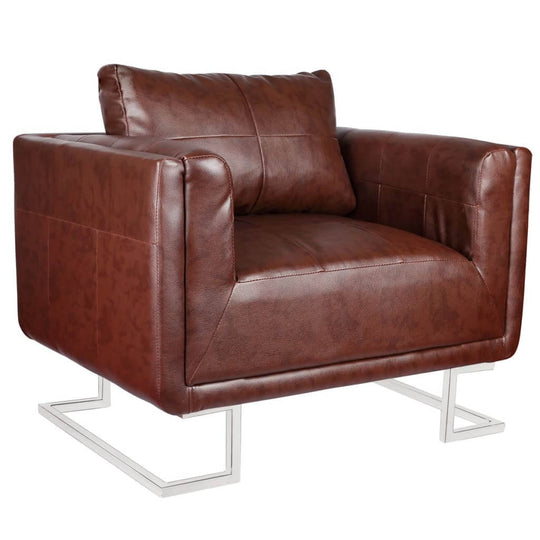 Cube Armchair with Chrome Feet Brown Faux Leather