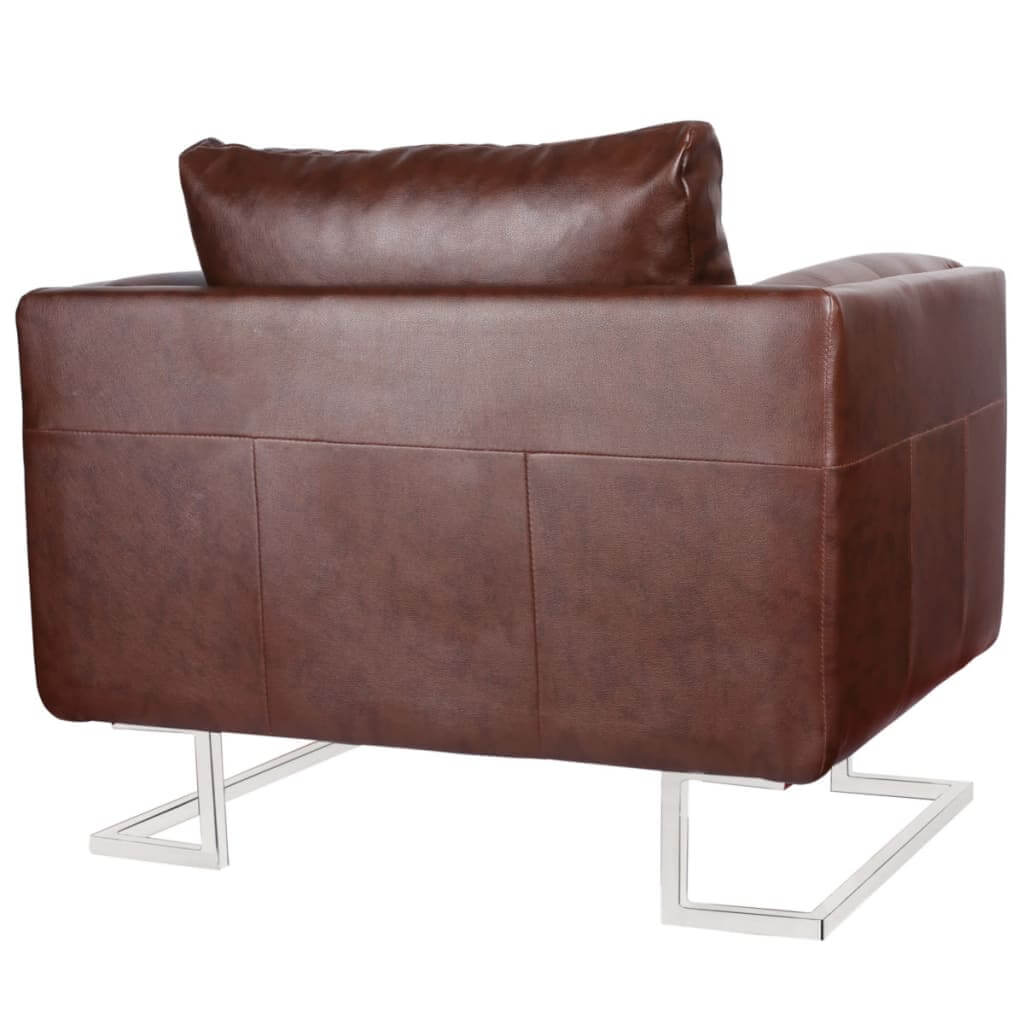 Cube Armchair with Chrome Feet Brown Faux Leather