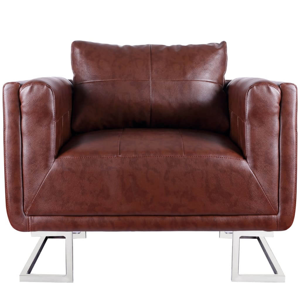 Cube Armchair with Chrome Feet Brown Faux Leather