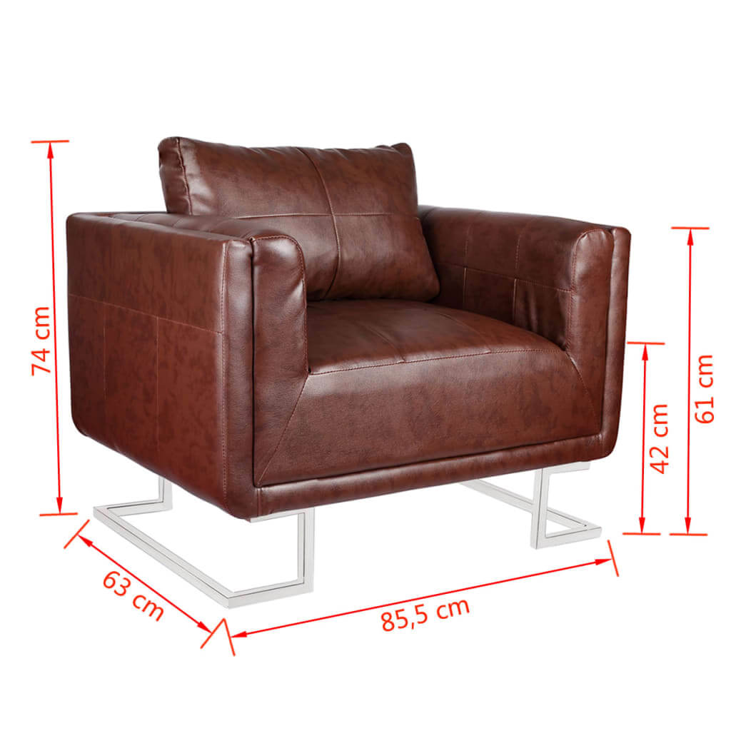 Cube Armchair with Chrome Feet Brown Faux Leather