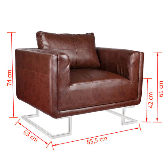 Cube Armchair with Chrome Feet Brown Faux Leather