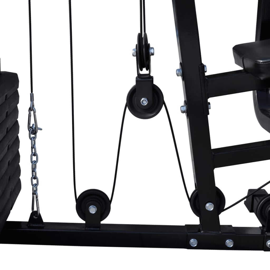 Close-up of pulleys and weight stack on a Multi Gym Utility Fitness Machine, ideal for home and commercial workouts.