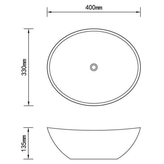 Dimensions of Luxury Ceramic Oval Basin: 400mm width, 330mm length, 135mm height, ideal for stylish bathrooms and washrooms.