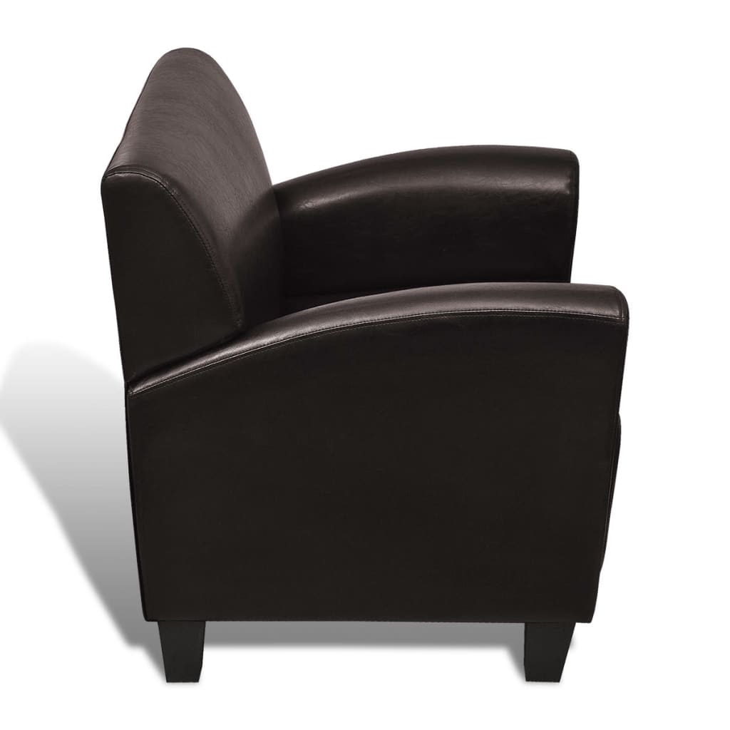 Side view of a modern sofa chair armchair in dark brown artificial leather with smooth curves and sturdy legs.