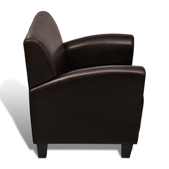 Side view of a modern sofa chair armchair in dark brown artificial leather with smooth curves and sturdy legs.