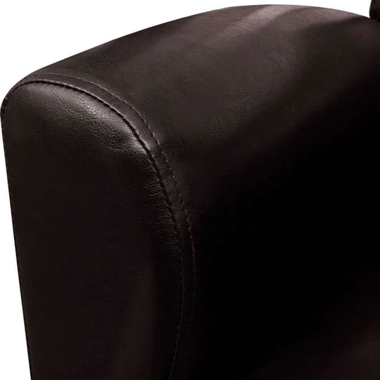 Close-up of a sleek black artificial leather armchair armrest highlighting its smooth texture and modern design.