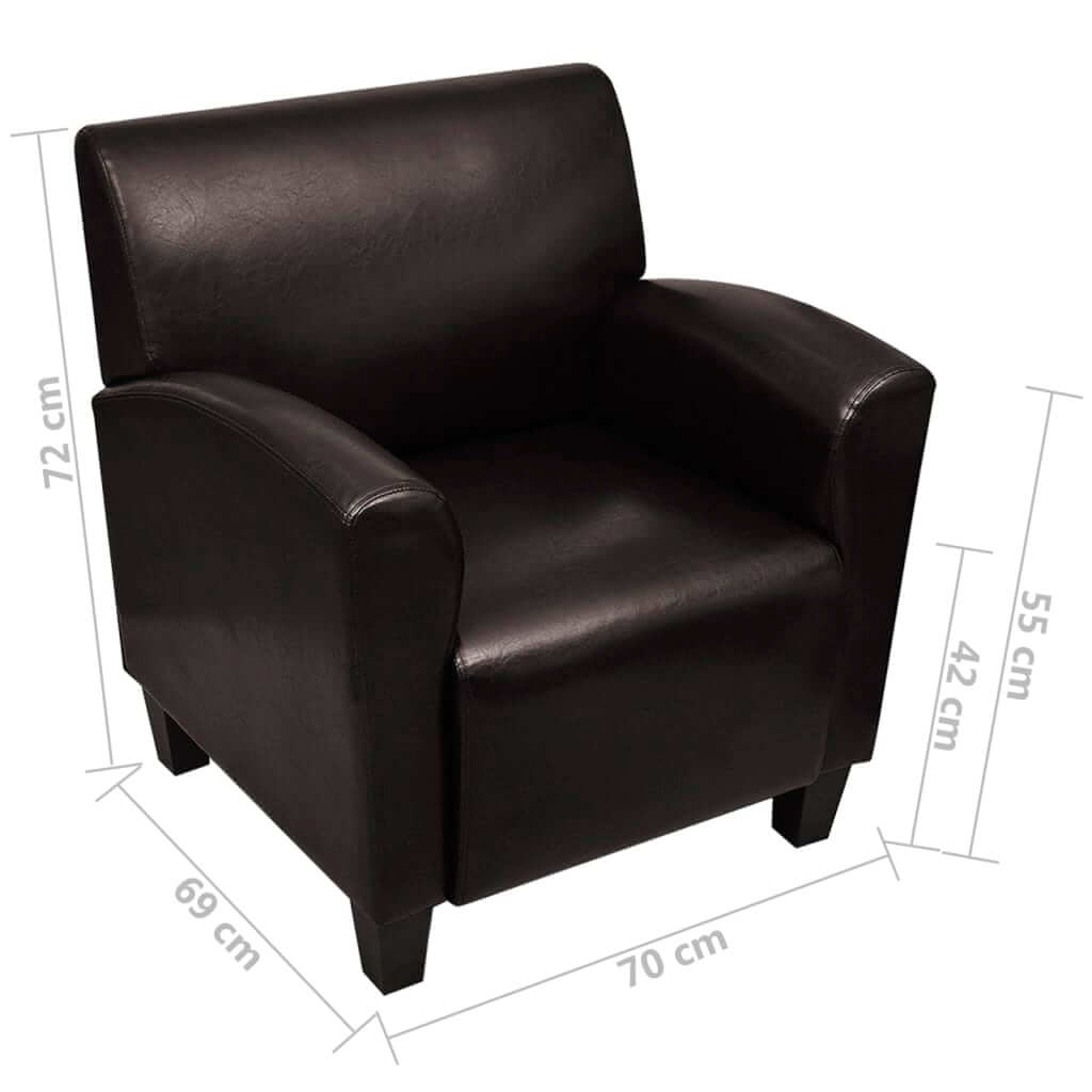 Black sofa chair armchair in artificial leather with dimensions 72 cm height, 70 cm width, and 55 cm depth.