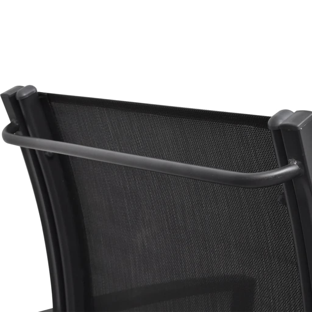 Close-up of the backrest and armrest of a black steel and textilene garden bench, showcasing its modern design and sturdy structure.