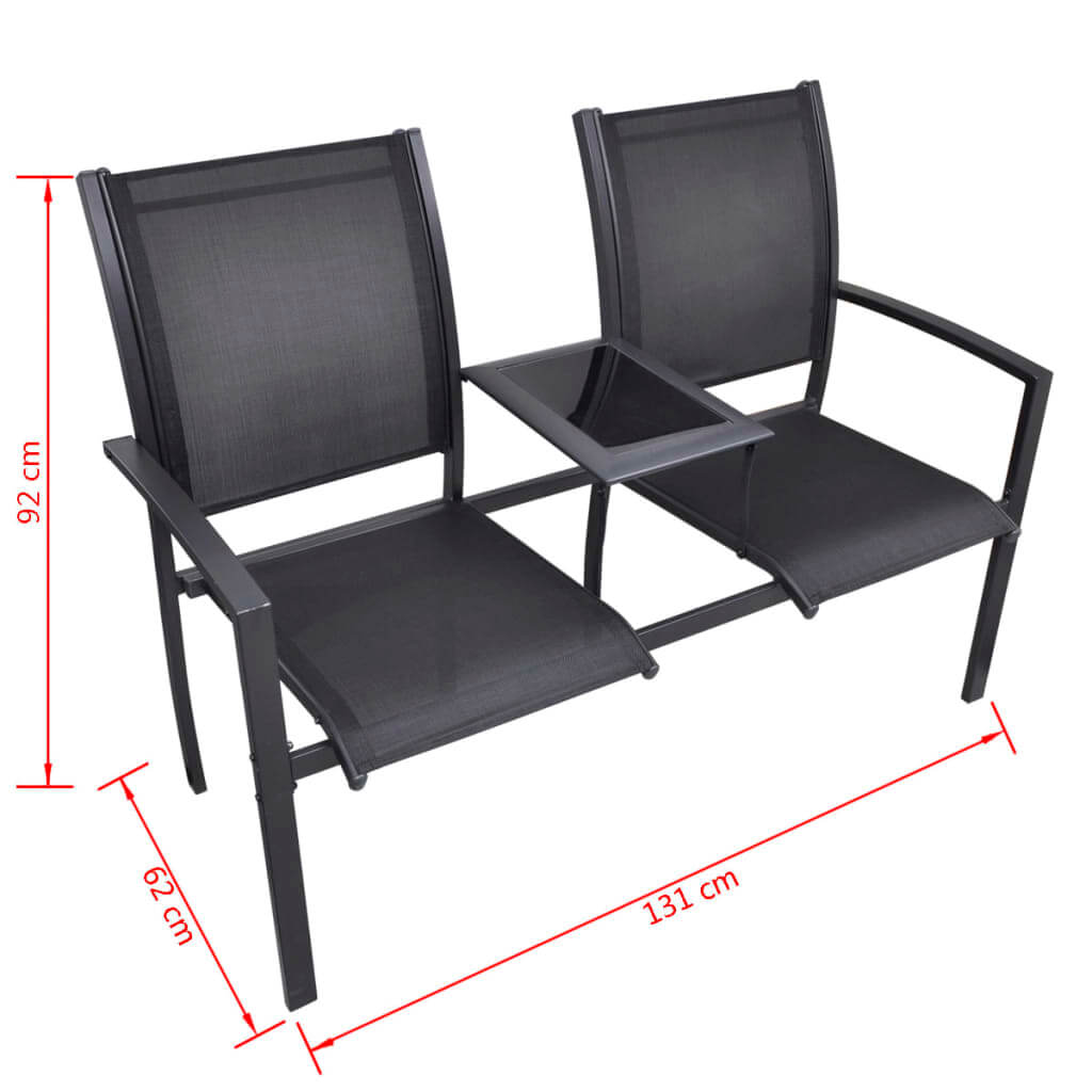 2 seater garden bench 131 cm, steel and textilene black with glass-top shelf for drinks and books, perfect for outdoor relaxation.