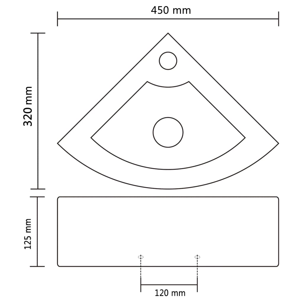 Diagram of a corner wash basin dimensions 450mm width, 320mm height, with a rectangular base 120mm wide.