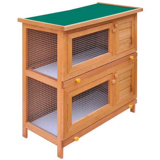 Outdoor rabbit hutch wooden pet cage with two layers and wire mesh doors for small animals.