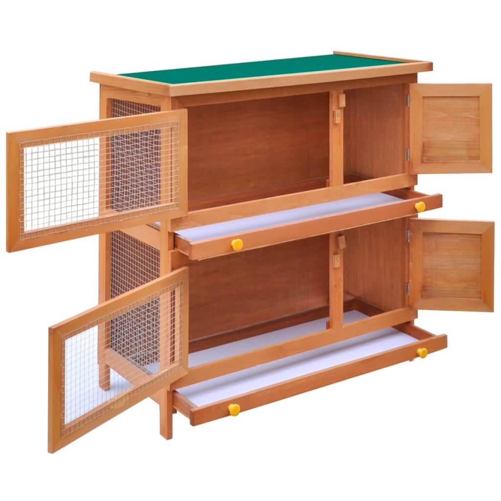 Outdoor rabbit hutch with four doors, two layers, and tight wire mesh for safety and play for small animals.