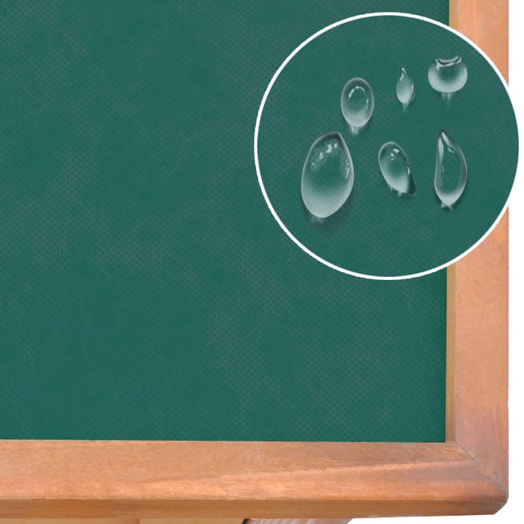 Water droplets on a green chalkboard with wooden frame, showcasing a moisture-resistant surface.