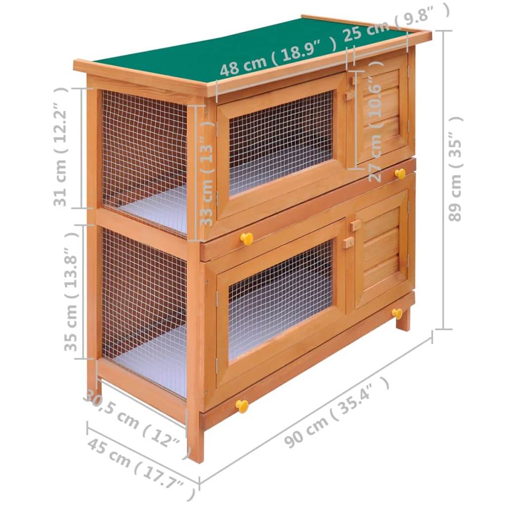 Outdoor rabbit hutch dimensions, two-layer small animal house with mesh and wooden construction for pet safety and play.