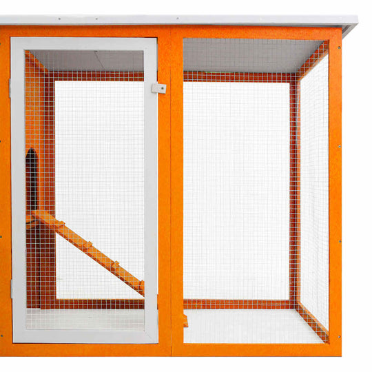 Outdoor Chicken Cage Hen House with Egg Cage Wood featuring orange wooden structure and mesh, ideal for backyard poultry housing.