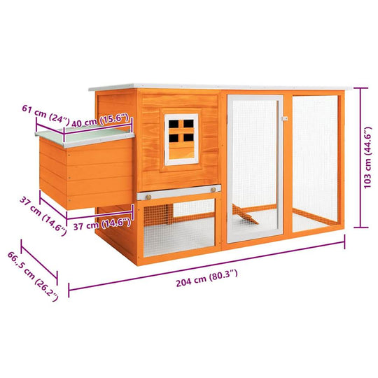 Outdoor Chicken Cage Hen House with Egg Cage Wood with dimensions, waterproof roof, and green iron wire mesh for fresh air circulation.
