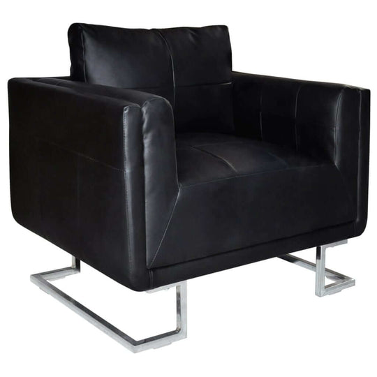 Cube Armchair with Chrome Feet Black Faux Leather