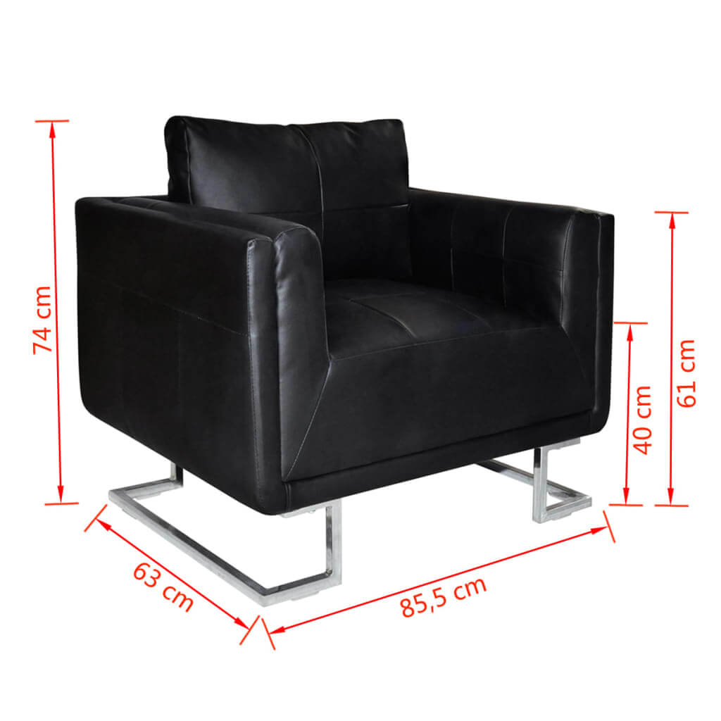 Cube Armchair with Chrome Feet Black Faux Leather