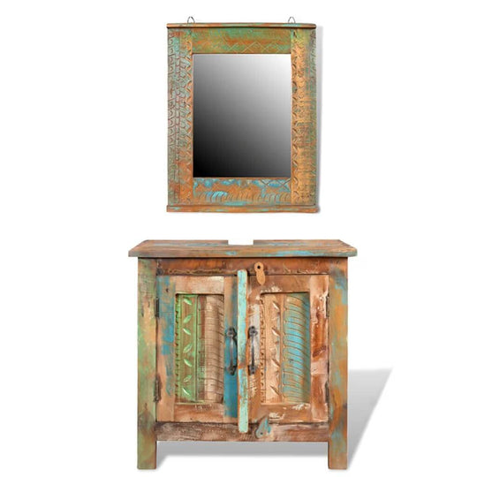 Reclaimed solid wood bathroom vanity cabinet set with antique-style mirror and colorful patterns, showcasing rustic charm.