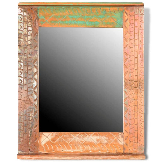 Antique-style wood-framed mirror with colorful patterns, perfect for enhancing bathroom decor.