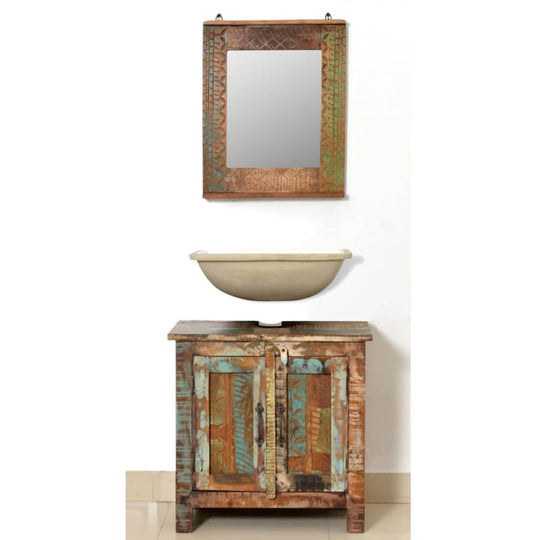 Reclaimed solid wood bathroom vanity cabinet set with antique mirror and sink in rustic style.