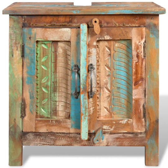 Reclaimed solid wood bathroom vanity cabinet with colorful patterned doors and antique finish. Ideal for stylish bathrooms.