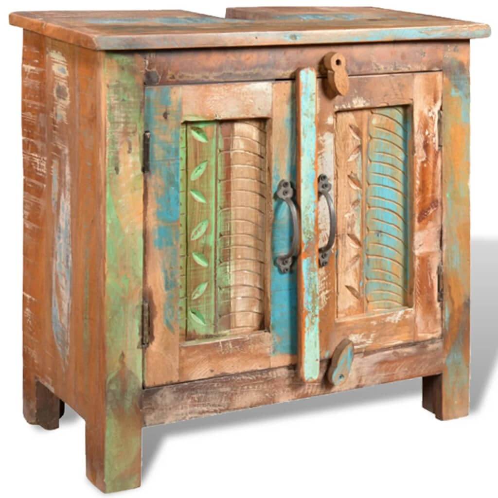 Reclaimed solid wood bathroom vanity cabinet with unique colorful door designs and rustic finish.