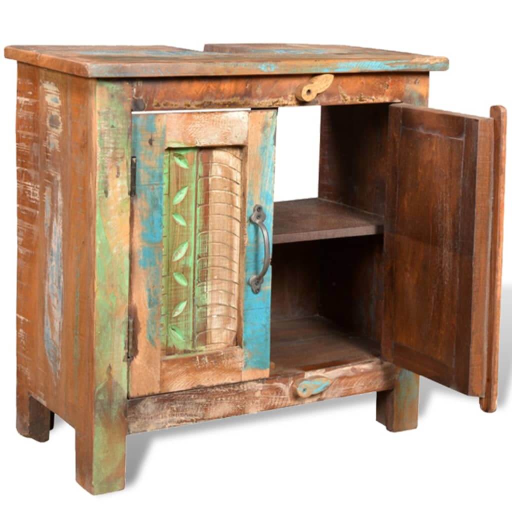 Reclaimed solid wood bathroom vanity cabinet with colorful carved doors and open shelf space.