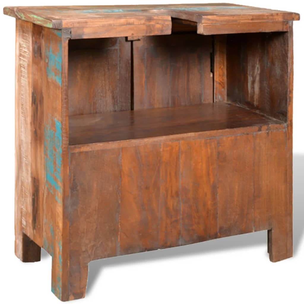 Reclaimed solid wood bathroom vanity cabinet with open shelves and rustic design, perfect for bathroom storage.