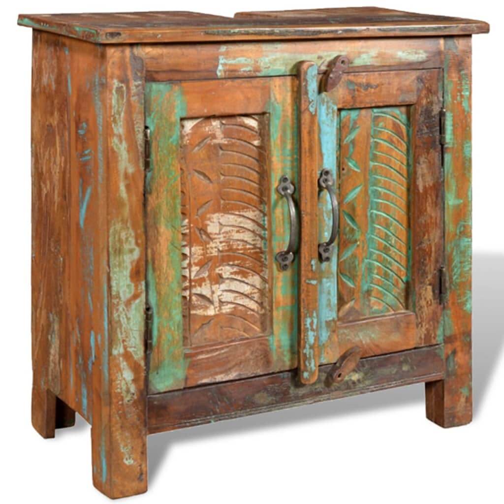 Reclaimed solid wood bathroom vanity cabinet with colorful patina and carved doors for rustic decor.