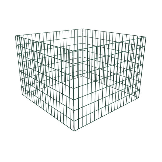 Square mesh garden composter made of durable green wire, perfect for collecting organic waste like leaves and clippings.