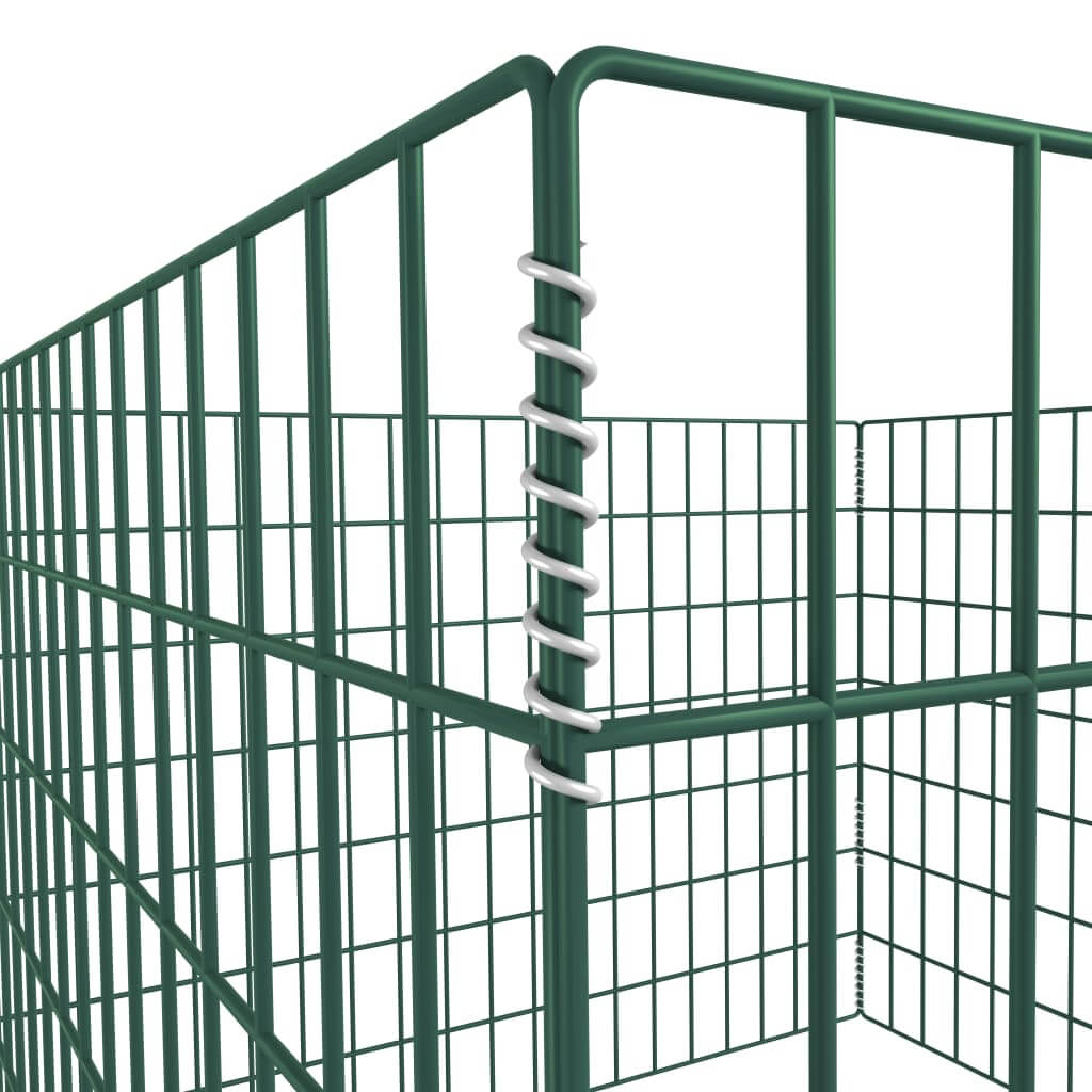 Green square mesh garden composter corner detail showing sturdy metal frame and secure fastening mechanism.