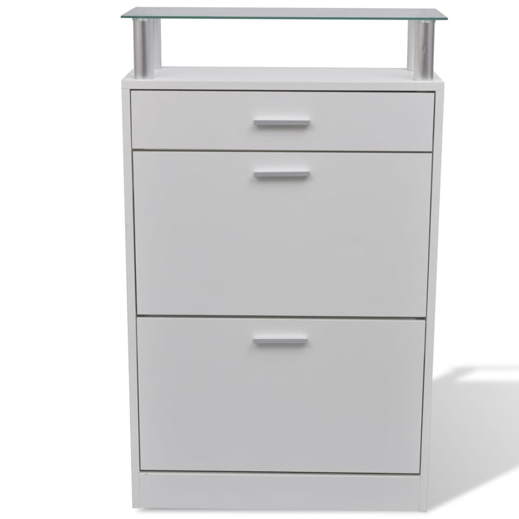 White wooden shoe cabinet with glass top shelf, drawer, and two storage compartments, stores 12 pairs dust-free, organized design.