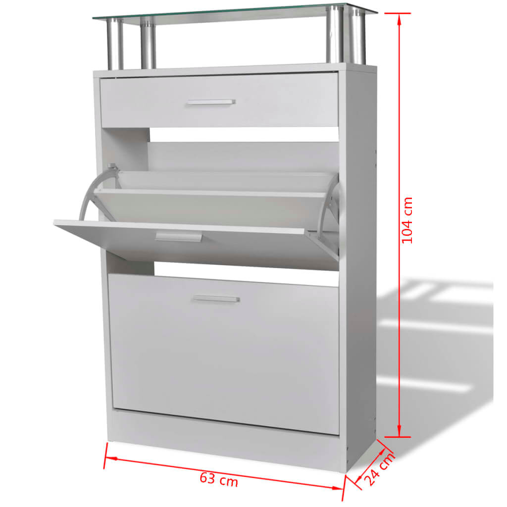 Shoe cabinet with top glass shelf, white wood finish, open drawer, two storage compartments, and a clear glass top, dimensions: 104x63x24 cm