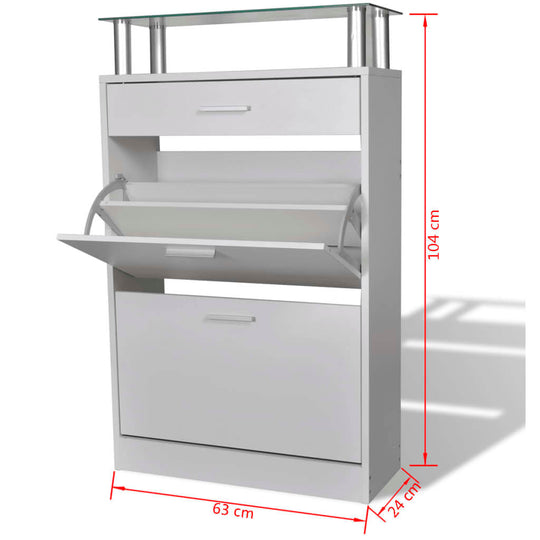 Shoe cabinet with top glass shelf, white wood finish, open drawer, two storage compartments, and a clear glass top, dimensions: 104x63x24 cm