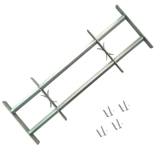 Adjustable security grille crossbar made of galvanised steel with installation screws for enhanced property protection.