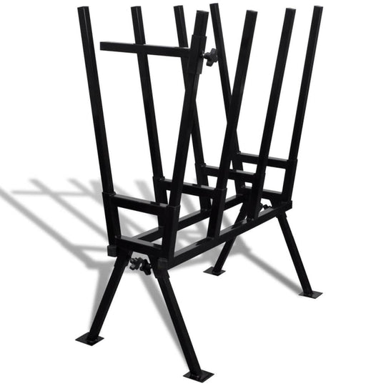 Black powder-coated sawhorse for woodworking, adjustable and easy to assemble for cutting and holding wooden logs.