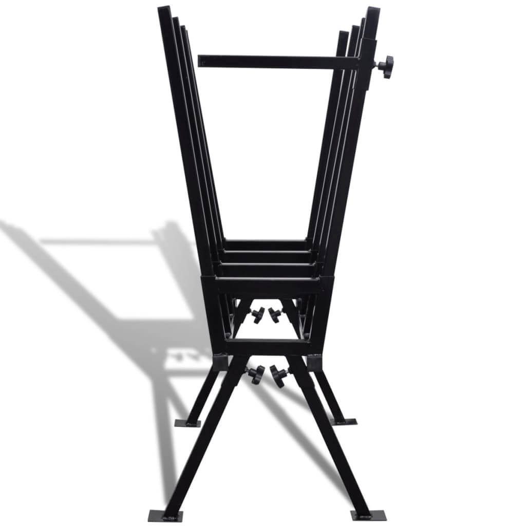 Black powder-coated sawhorse viewed from the side, showcasing its adjustable feet and sturdy design for woodworking projects.