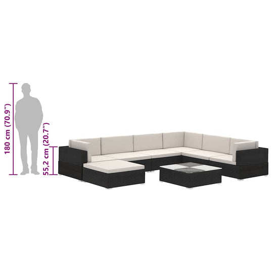 8 piece garden lounge set with cushions, dimensions indicated, in stylish black poly rattan for outdoor furniture.