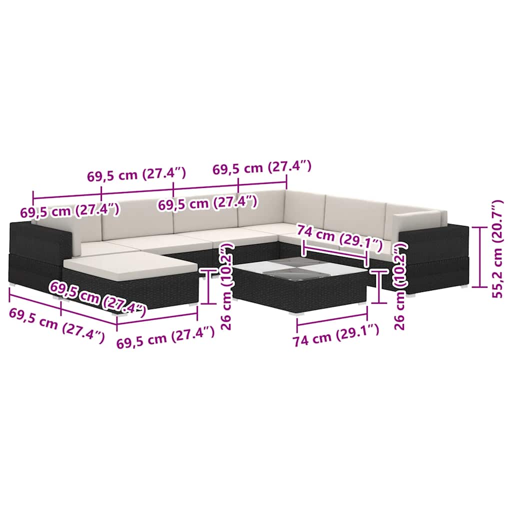  Piece Garden Lounge Dimensions of 8 piece outdoor garden lounge set with cushions in a stylish black poly rattan design.