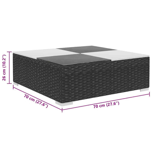 8 piece garden lounge set coffee table in black poly rattan, dimensions 70 cm x 70 cm, outdoor furniture for patio use