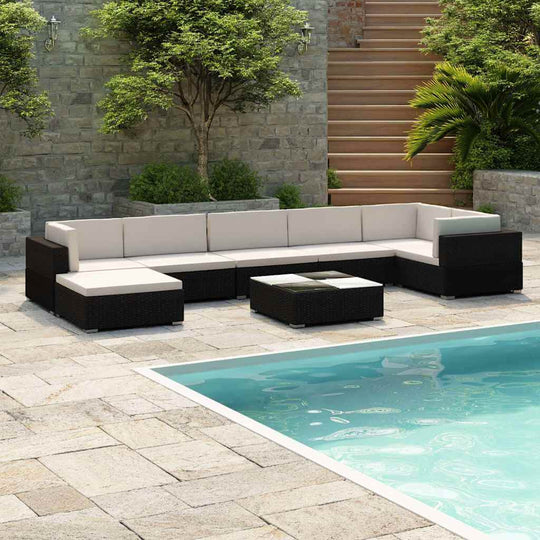  Piece Garden Lounge Modern outdoor furniture set with cream cushions, perfect for patio or garden use, beside a refreshing pool.