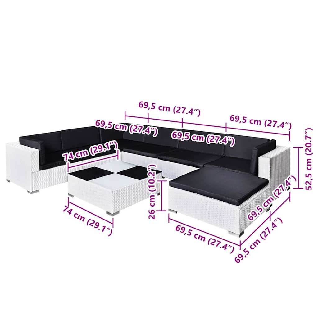 Piece Garden Lounge Dimensions of 8 Piece Garden Lounge Set with Cushions, featuring a black and white poly rattan design for outdoor furniture.