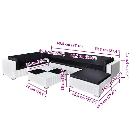Piece Garden Lounge Dimensions of 8 Piece Garden Lounge Set with Cushions, featuring a black and white poly rattan design for outdoor furniture.