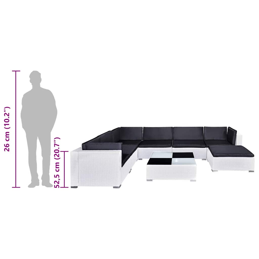 Dimensions of 8 piece garden lounge set with cushions, showcasing design and comfortable seating for outdoor furniture.