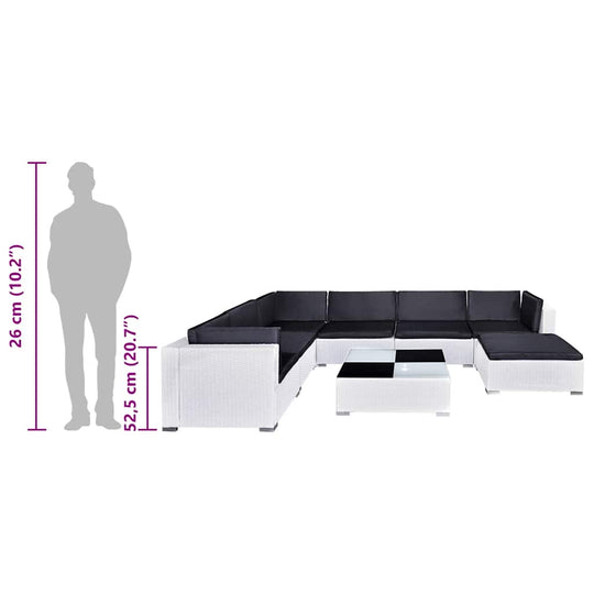 Dimensions of 8 piece garden lounge set with cushions, showcasing design and comfortable seating for outdoor furniture.