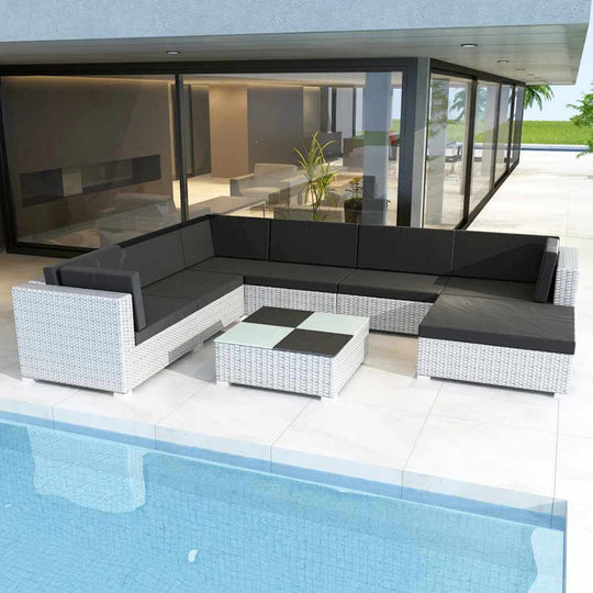 Piece Garden Lounge 8 piece white poly rattan garden lounge set with black cushions by a poolside, perfect outdoor furniture for relaxation.