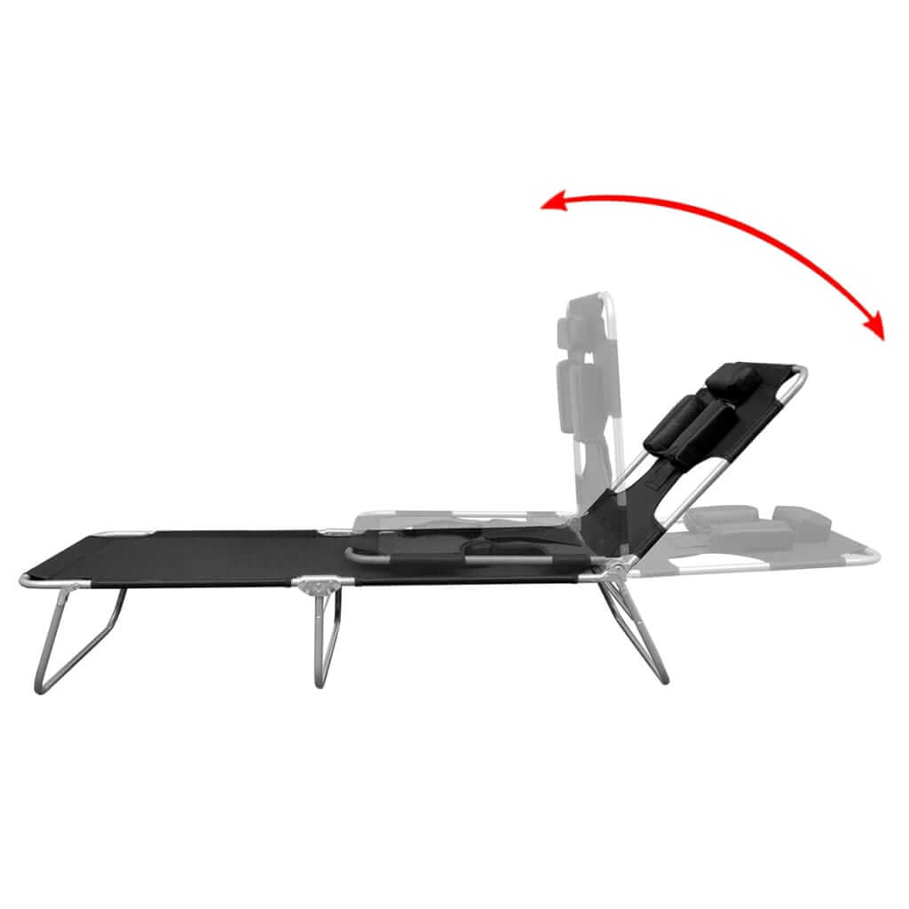 Folding sun lounger with adjustable backrest and head cushion, made from powder-coated steel in black.